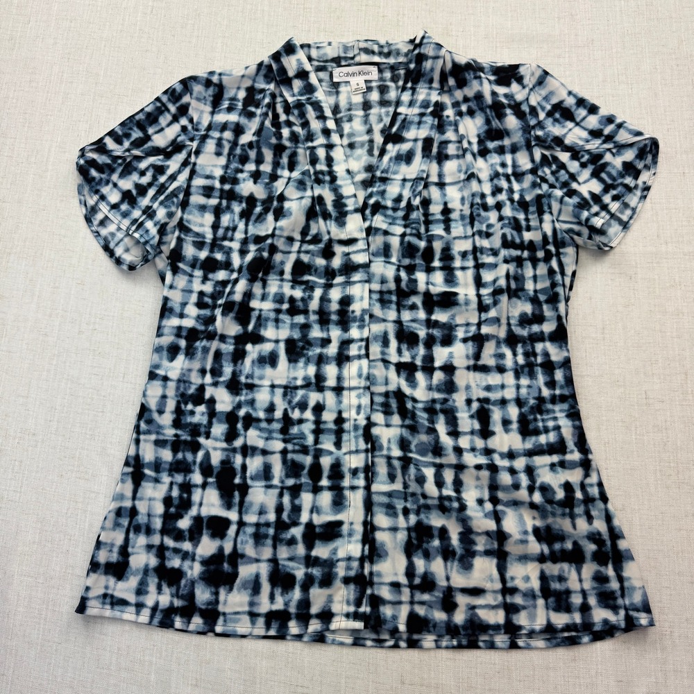 Calvin Klein Blouse Womens Small Blue White Tie Dye V-Neck Short Sleeve Workwear